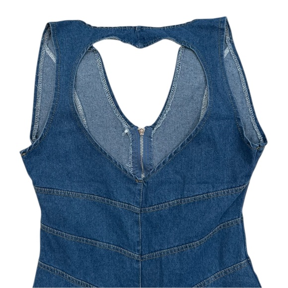 Unbranded Blue Halter Denim Jumpsuit Heart Back Cutout - Picture 5 of 6